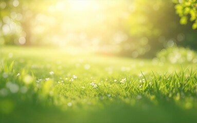 Obraz premium Green grass with bokeh defocused lights abstract background. Nature concept.