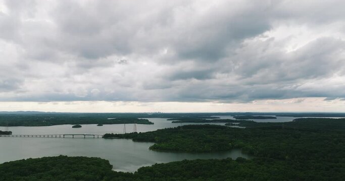 Scenic View Of Bridge Over Percy Priest Lake In Long Hunter State Park, Tennessee, United States. Aerial Wide Shot