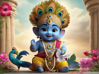 Auspicious day of Janmashtami dawns, may Lord Krishna's love and grace illuminate your life with happiness, peace, and prosperity. Jai Shri Krishna! - obrazy, fototapety, plakaty