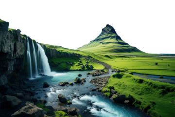 Beautiful mountain landscape with peak and green valley with river and waterfall. Isolated on transparent background