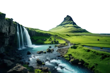  Beautiful mountain landscape with peak and green valley with river and waterfall. Isolated on transparent background © Mrs__DoubleF