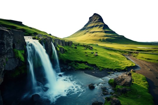 Beautiful mountain landscape with peak and green valley with river and waterfall. Isolated on transparent background