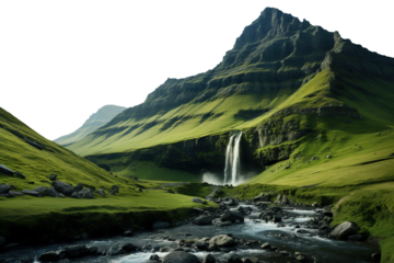 Beautiful mountain landscape with peak and green valley with river and waterfall. Isolated on transparent background