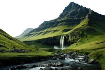 Fotobehang Beautiful mountain landscape with peak and green valley with river and waterfall. Isolated on transparent background © Mrs__DoubleF