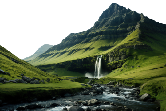 Beautiful mountain landscape with peak and green valley with river and waterfall. Isolated on transparent background
