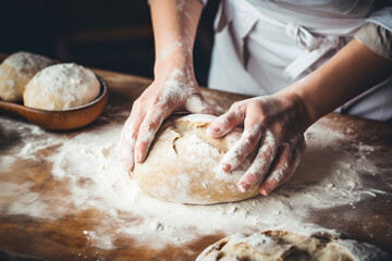 Fototapeta premium Female hands kneading dough on wooden table with flour in bakery