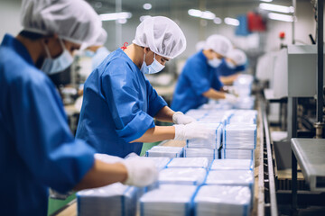 A group of workers packaging products into boxes on a production in a factory.	