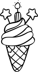 Cute Birthday ice cream cake outline doodle cartoon illustration