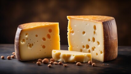 Cheese on rustic table. Generated with AI