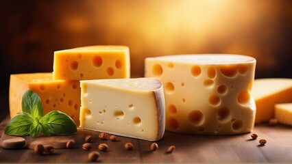 Cheese on rustic wooden table. Generated with AI