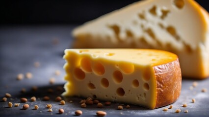 Cheese on rustic wooden table. Generated with AI