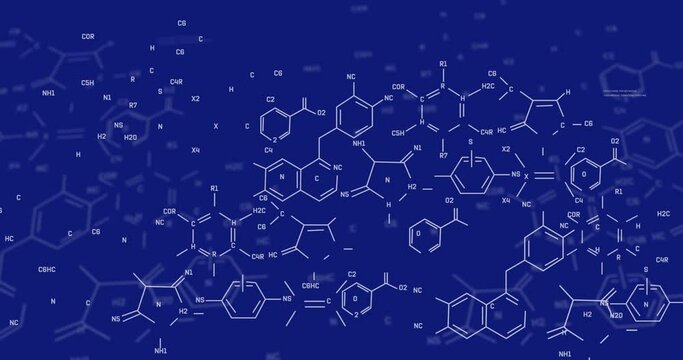 Animation of chemical structures and data processing against blue background