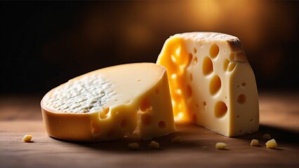 Various types of cheese on rustic wooden table, Generated with AI