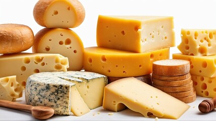 Various types of cheese on rustic wooden table, Generated with AI