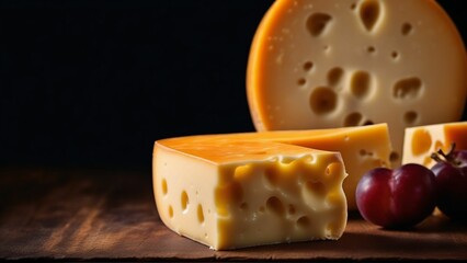 Various types of cheese on rustic wooden table, Generated with AI