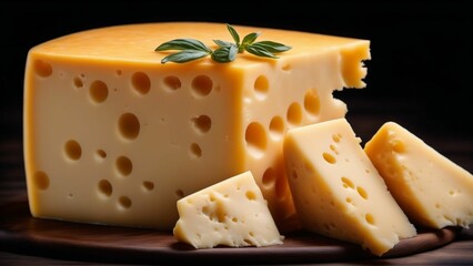 Various types of cheese on rustic wooden table, Generated with AI