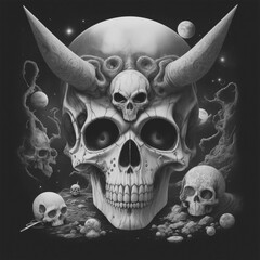 90s space psychedelia skull monochrome Generative AI