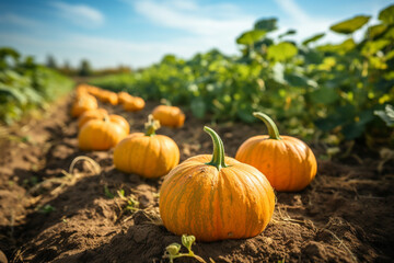 Fresh pumpkins in the farm fields. Organic and ecological food produce and harvest. Generative Ai