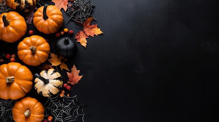 Happy halloween flat lay mockup with pumpkins, leaves and spider web on black background. Autumn holiday concept composition. Top view with copy space