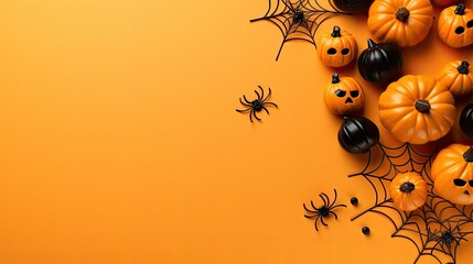 Happy halloween flat lay mockup with pumpkins, leaves and spider web on orange, background. Autumn holiday concept composition. Top view with copy space