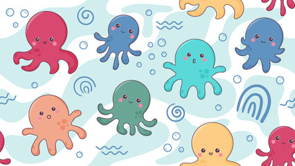 Octopus Kawaii Seamless Pattern in Doodle style. .use for Fashion Print, Fabric Print, Wrapping paper, Wallpaper design etc