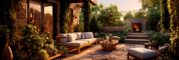 inviting patio area with a mix of textures, including a wooden deck, stone accents, and soft outdoor rugs.Generative AI