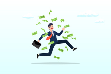 Happy businessman jump high with money rain, success businessman achieve financial freedom, happy millionaire with plenty of money and wealth, income or salary increase or career opportunity (Vector)