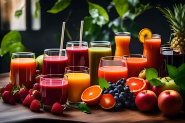 Colorful fresh juices and some fruits near on the table