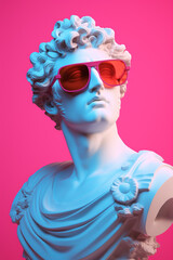 Apollo statue weating sunglasses, creative art with pink and blue neon colors. Generative AI