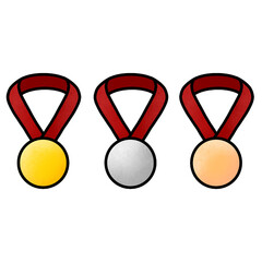 Gold, silver and bronze medals on ribbons realistic illustrations set. Sports competition first, second and third place awards isolated cliparts pack. Championship reward. Contest achievement, victory