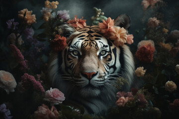 Tiger wild cat abstract portrait with flowers and leaves. Creative animal portrait. Generative Ai.