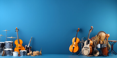 Different musical instruments on blue background, Different musical instruments 