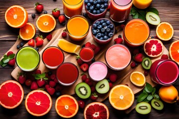 Colorful fresh juices and some fruits near on the table