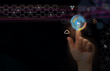 hand pushing button on a interface. man using modern technologies, click power button. professional working in cloud data.