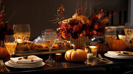 thanksgiving day, beautiful table setting with decorative elements, flowers and pumpkins. ai generated