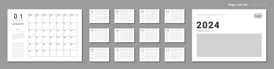 Set of Monthly pages Calendar Planner Templates 2024 with note for wall or desk with Cover and place for Photo, Logo. Vector layout of calendar with week start Monday for print. Pages for size A4