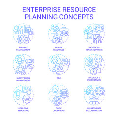 2D gradient icons set representing enterprise resource planning concepts, isolated vector, thin line illustration.