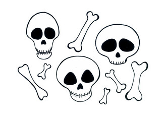 A set of different bones and three different skulls. They are drawn with a black outline. Isolated on white background. All are stylized in different ways. Funny and cute images for Halloween.