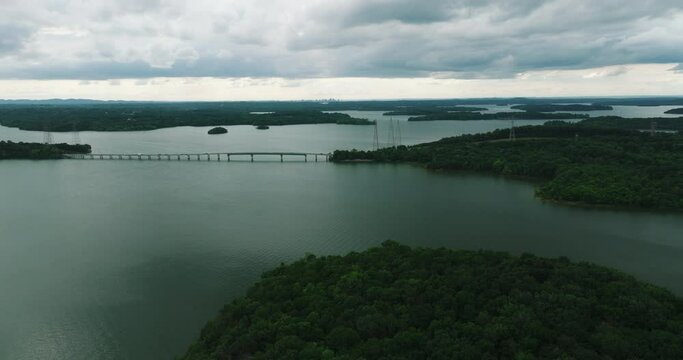 Panorama Of Percy Priest Lake Reservoir At Long Hunter State Park In Tennessee, United States. Aerial Drone Shot