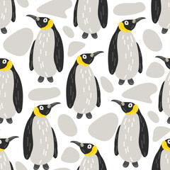 Seamless pattern in the form of cute penguins. Funny hand-drawn animals. Creative children's background in Scandinavian style. Vector illustration of the north. Penguin on white