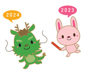 辰年・卯年 干支交代 キャラクター イラスト/バトンタッチ04・線あり