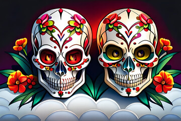 day of the dead illustration with white skull decorated with flowers, traditional Mexican festival