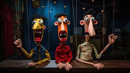 Puppets with long noses on their strings, caricatures for politicians, various characters - obrazy, fototapety, plakaty