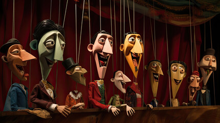 Puppets with long noses on their strings, caricatures for politicians, various characters