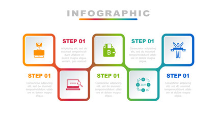 Naklejka premium Vector illustration. Infographic design template, business information, icons, presentation, with 5 options. Can be used to create workflows, annual report charts, web design. Business concept, flat