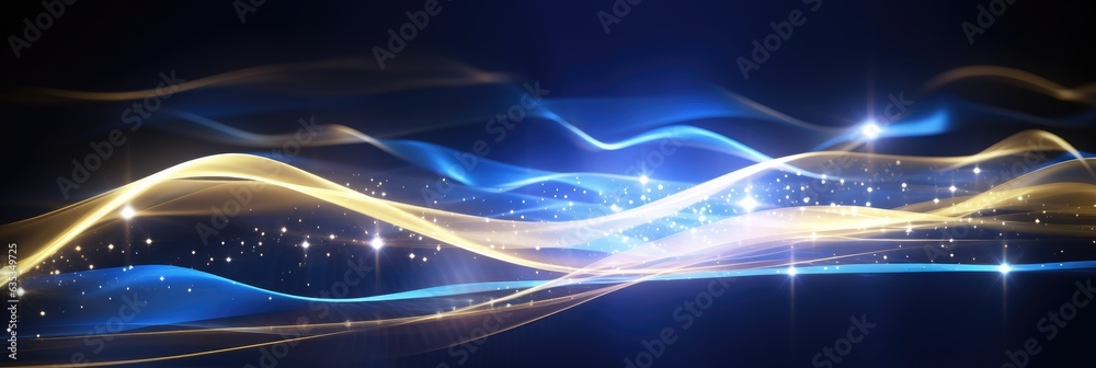 Poster Abstract background with gold and blue glowing neon moving high speed wave lines and bokeh lights