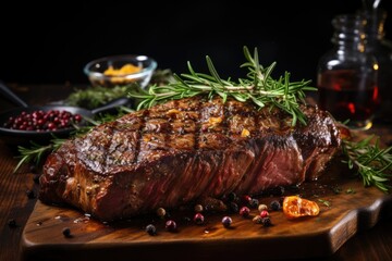 Grilled meat barbecue steak on wooden cutting board with rosemary and copy space. Top view.