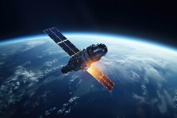 Space satellite with antenna and solar panels in space against the background of the earth.