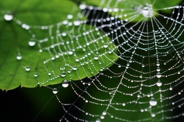 The spider web with dew drops, green leaves on the background