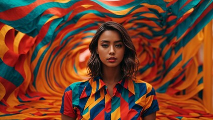 A woman standing in front of a vibrant and colorful backdrop